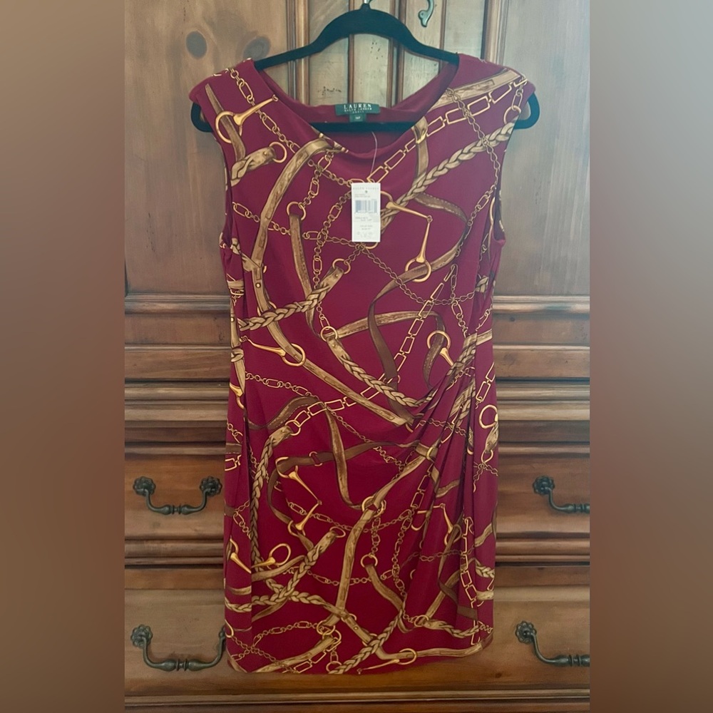 Ralph Lauren Chic Burgandy Dress with Gold Chain Print. This is Gorgeous
